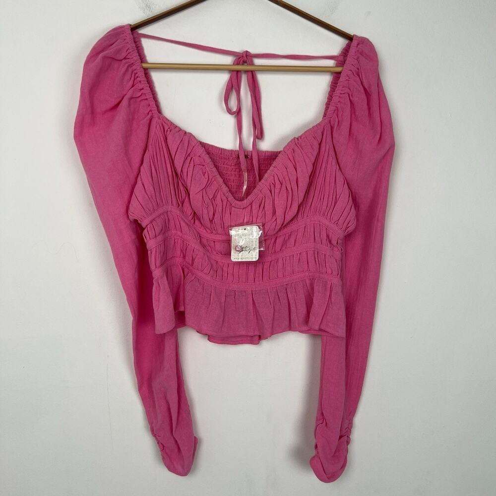 $98 Free People Women's Size Small‎ Pink Chloe Smocked Tie Neck Blouse Top
